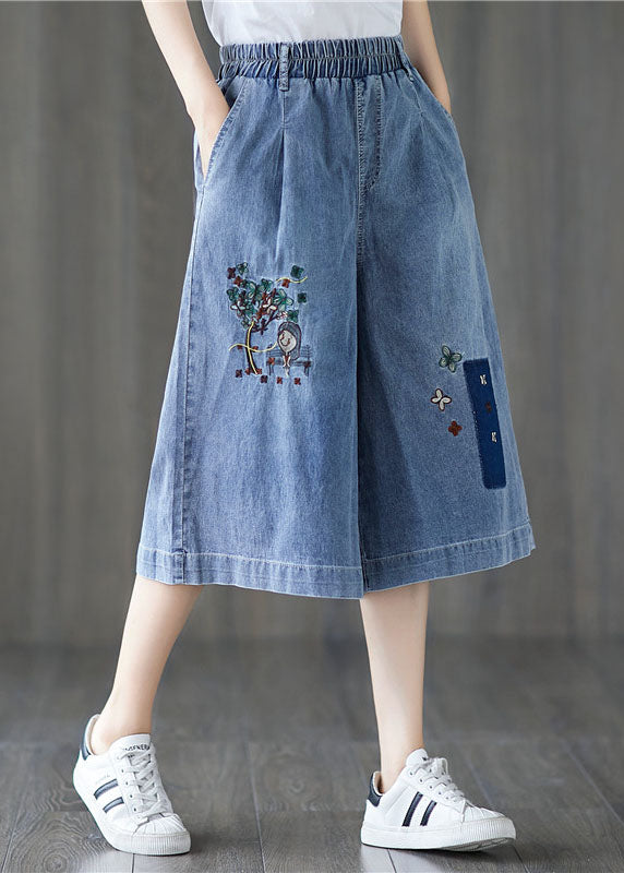 Elegant Denim Blue Elastic Waist Embroidered Cotton Wide Leg Pants Summer