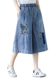 Elegant Denim Blue Elastic Waist Embroidered Cotton Wide Leg Pants Summer