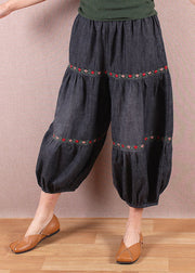 Elegant Denim Blue Elastic Waist Oriental Embroidered Patchwork Cotton Lantern Pants Summer
