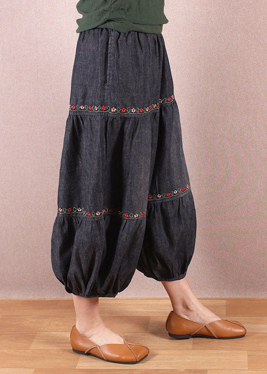 Elegant Denim Blue Elastic Waist Oriental Embroidered Patchwork Cotton Lantern Pants Summer