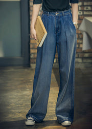 Elegante Denim-Blau-Hosen mit hohen Taillenknöpfen aus Baumwolle, lockere, weit geschnittene Hosen, Frühling