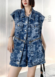 Eleganter Jeansblauer lockerer Knopf mit Reißverschluss Print Herbst Zweiteiler Damenbekleidung ärmellos