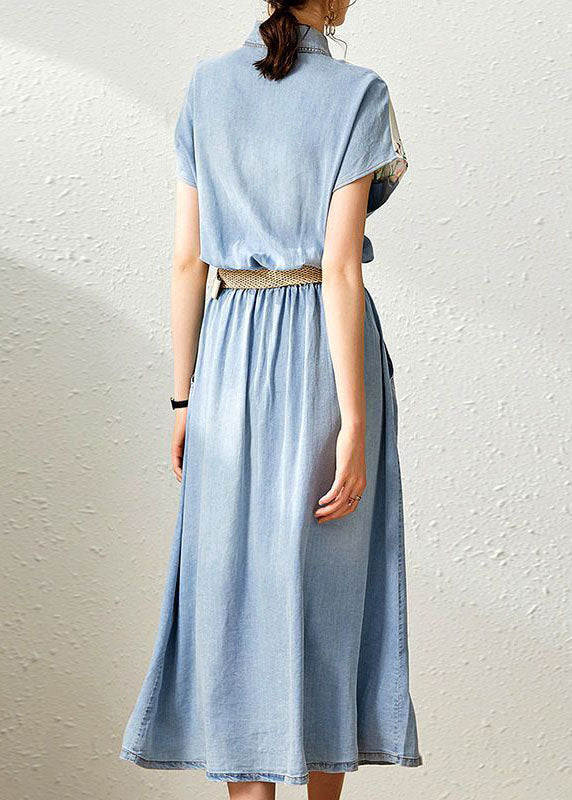 Elegant Denim Blue Peter Pan Collar Patchwork Print Cinched Dresses Summer