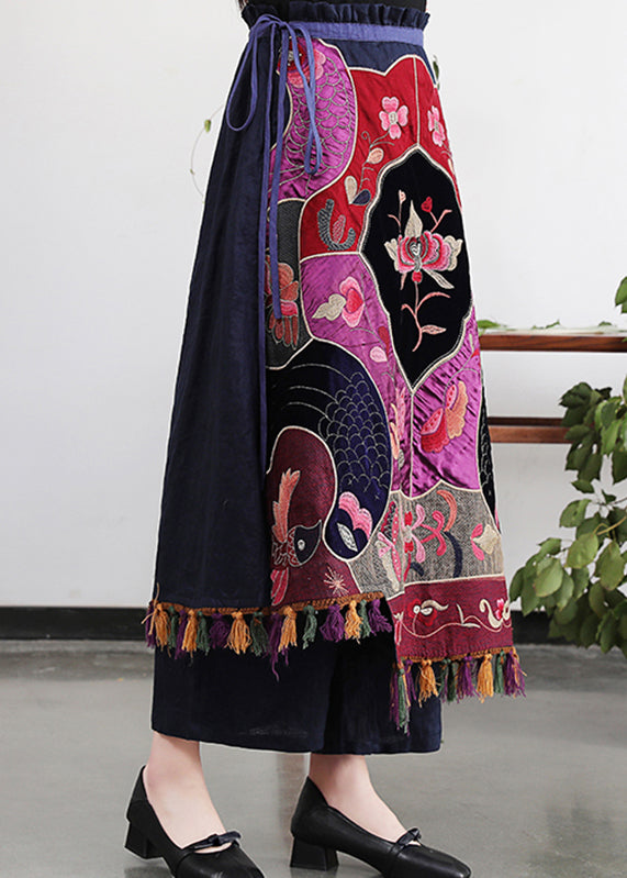 Elegant Embroidered Floral Tassel Drawstring Tie Waist Elastic Waist Skirt Summer