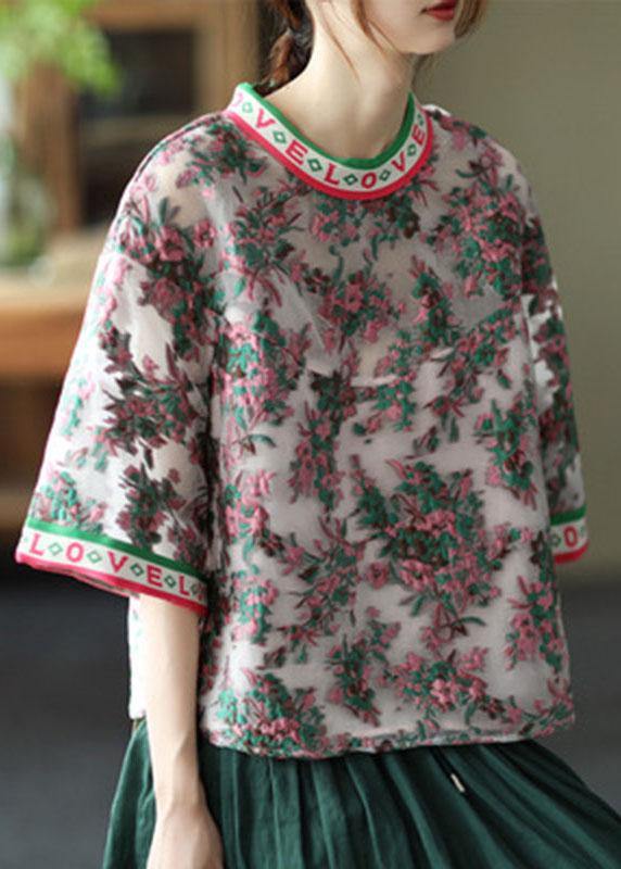 Elegant Embroideried retro O-Neck Summer Floral Blouses Half Sleeve - SooLinen