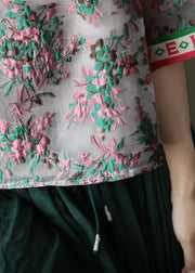 Elegant Embroideried retro O-Neck Summer Floral Blouses Half Sleeve - SooLinen