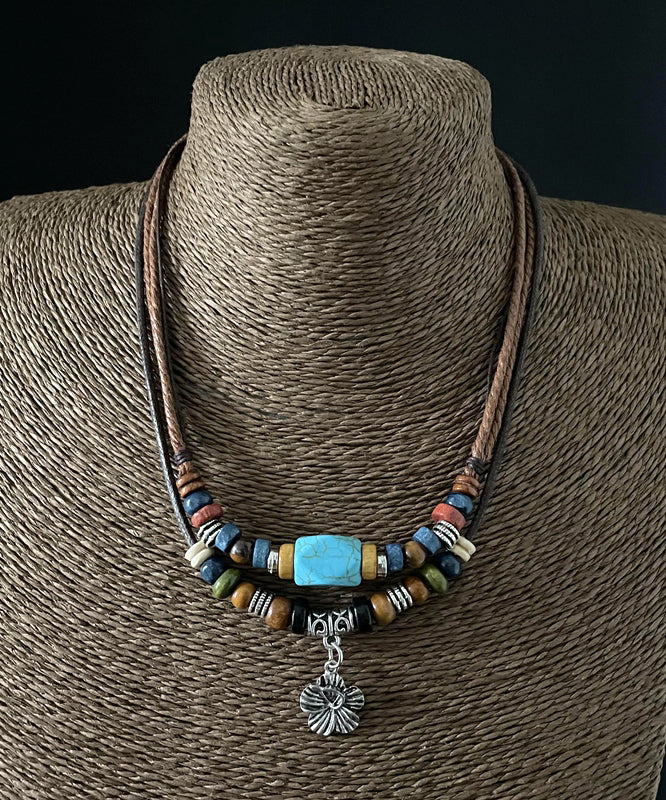 Elegant Faux Leather Alloy Turquoise Pendant Necklace