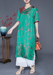 Elegant Fluorescent Green Chinese Button Jacquard Silk Dresses Summer