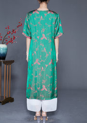 Elegant Fluorescent Green Chinese Button Jacquard Silk Dresses Summer