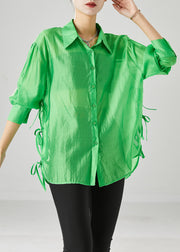 Elegant Fluorescent Green Lace Up Silk Blouses Fall