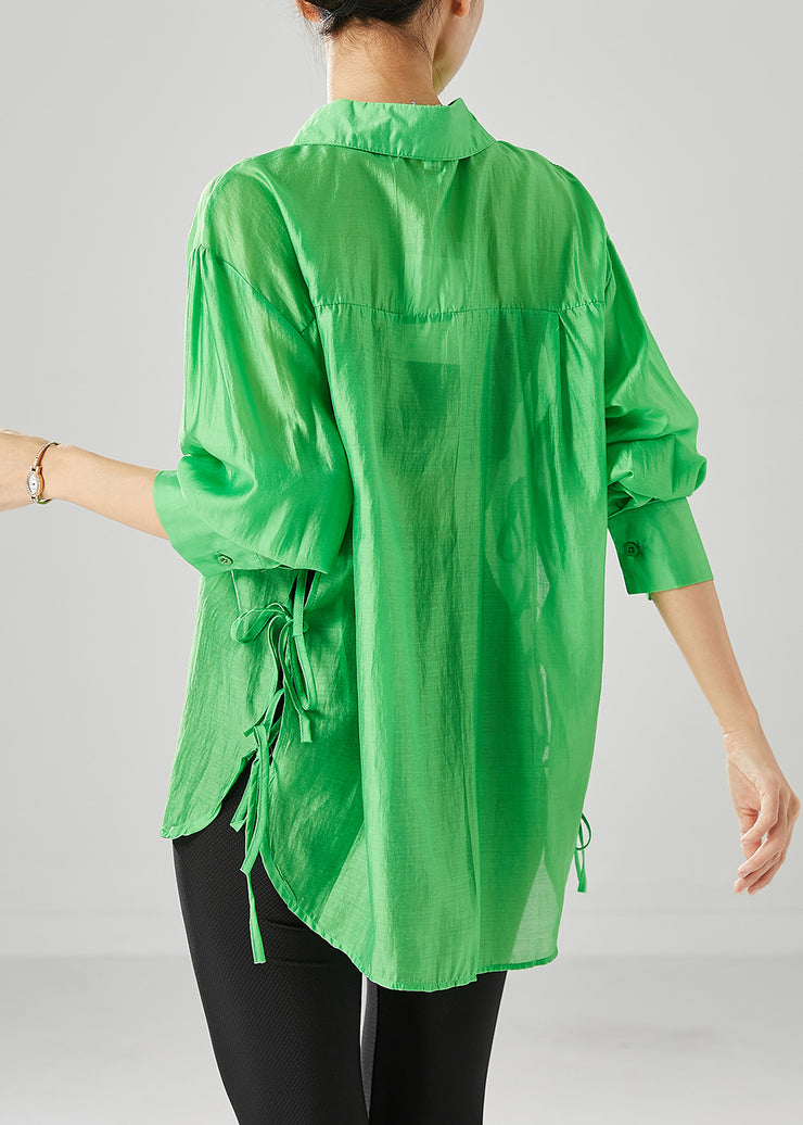 Elegant Fluorescent Green Lace Up Silk Blouses Fall