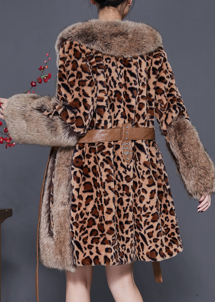 Elegant Fur Collar Patchwork Leopard Mink Velvet Coat Winter
