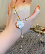 Elegant Gold Alloy Pearl Floral Tassel Lariat Necklace