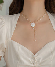 Elegant Gold Alloy Pearl Floral Tassel Lariat Necklace