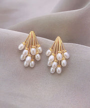 Elegant Gold Alloy Pearl Grape Tassel Drop Earrings