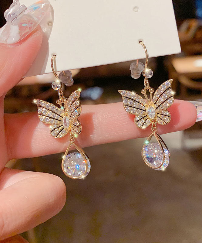 Elegant Gold Alloy Zircon Crystal Butterfly Water Drop Drop Earrings