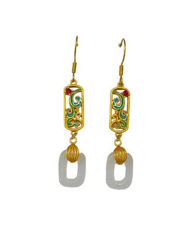 Elegant Gold Ancient Gold Jade Enamel Ping Buckle Drop Earrings