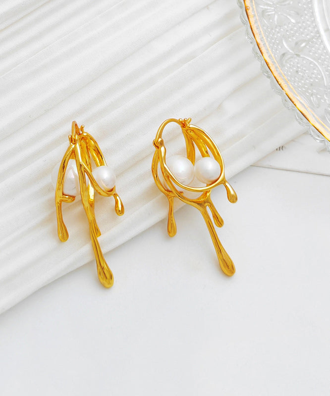 Elegant Gold Plated Glass Pearl Hoop Earrings