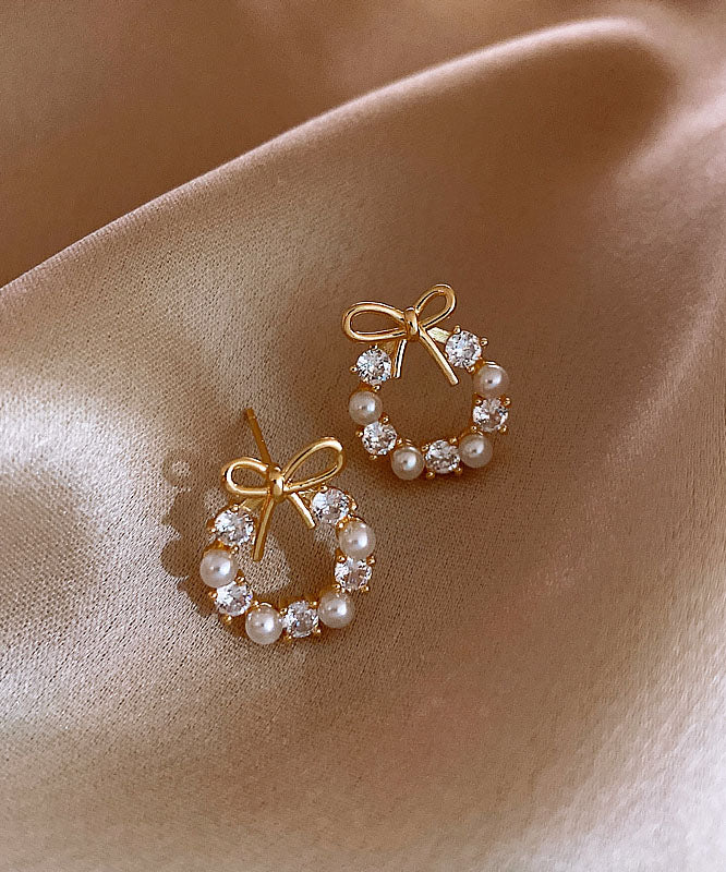 Elegant Gold Copper Alloy Zircon Pearl Bow Hoop Earrings
