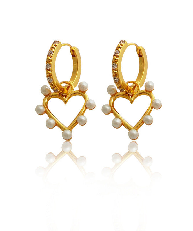 Elegant Gold Copper Overgild Inlaid Zircon Pearl Heart Hoop Earrings
