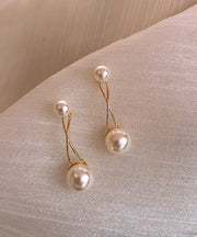 Elegant Gold Metal Overgild Pearl Cross Connection Stud Earrings