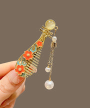 Elegant Gold Metal Pearl Floral Tassel Lute Hairpin