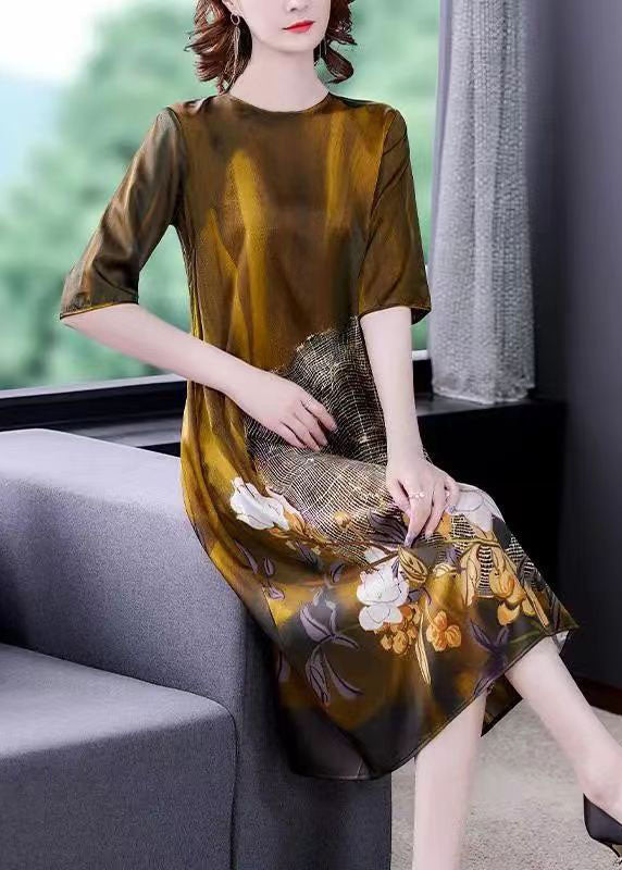 Elegant Gold O Neck Print Patchwork Silk Dress Summer
