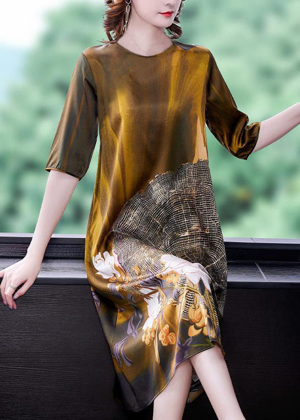 Elegant Gold O Neck Print Patchwork Silk Dress Summer