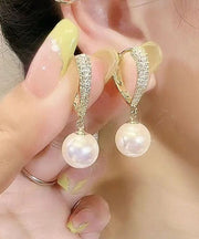 Elegant Gold Sterling Silver Alloy Inlaid Zircon Love Pearl Hoop Earrings