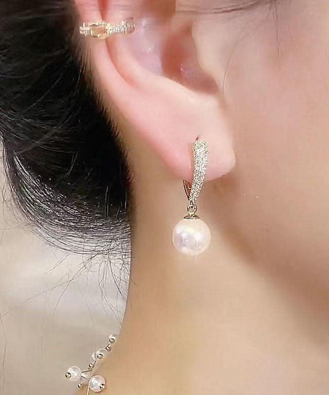 Elegant Gold Sterling Silver Alloy Inlaid Zircon Love Pearl Hoop Earrings