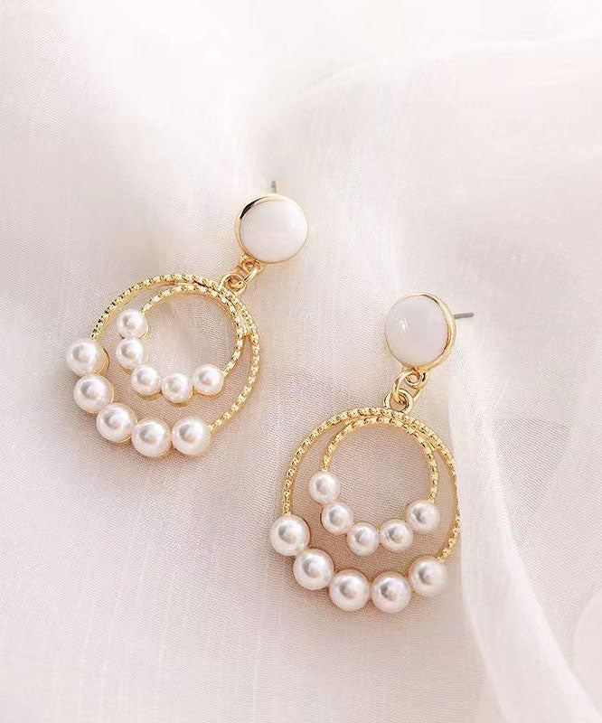 Elegant Gold Sterling Silver Alloy Pearl Circle Drop Earrings