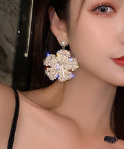 Elegant Gold Sterling Silver Floral Zircon Pearl Coloured Glaze Hoop Earrings