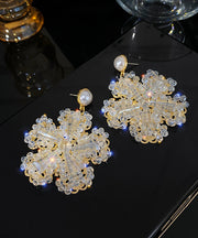 Elegant Gold Sterling Silver Floral Zircon Pearl Coloured Glaze Hoop Earrings
