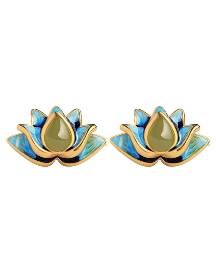 Elegant Gradient Color Blue Sterling Silver Jade Enamel Lotus Stud Earrings