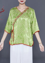 Elegant Grass Green Embroidered Lace Up Silk Top Summer