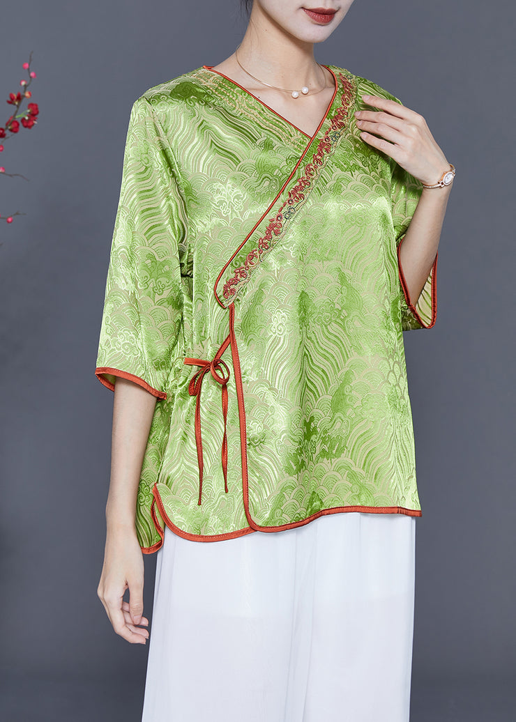 Elegant Grass Green Embroidered Lace Up Silk Top Summer