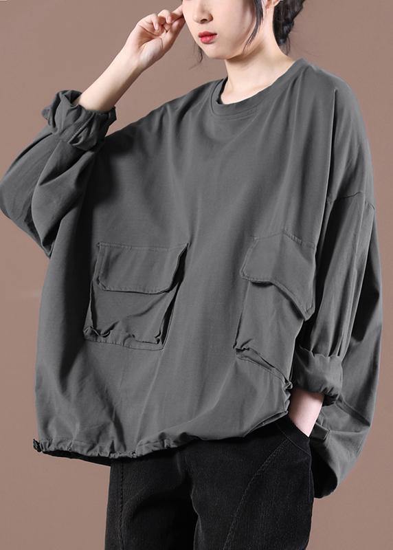 Elegant Gray Cinched Pockets Loose Sweatshirts Top - SooLinen