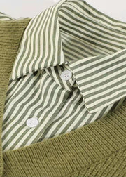 Elegant Green Button Peter Pan Collar Knit Patchwork Striped Fake Two Piece Shirt Long Sleeve