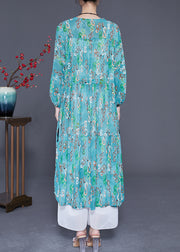 Elegant Green Cinched Print Chiffon Long Dresses Summer