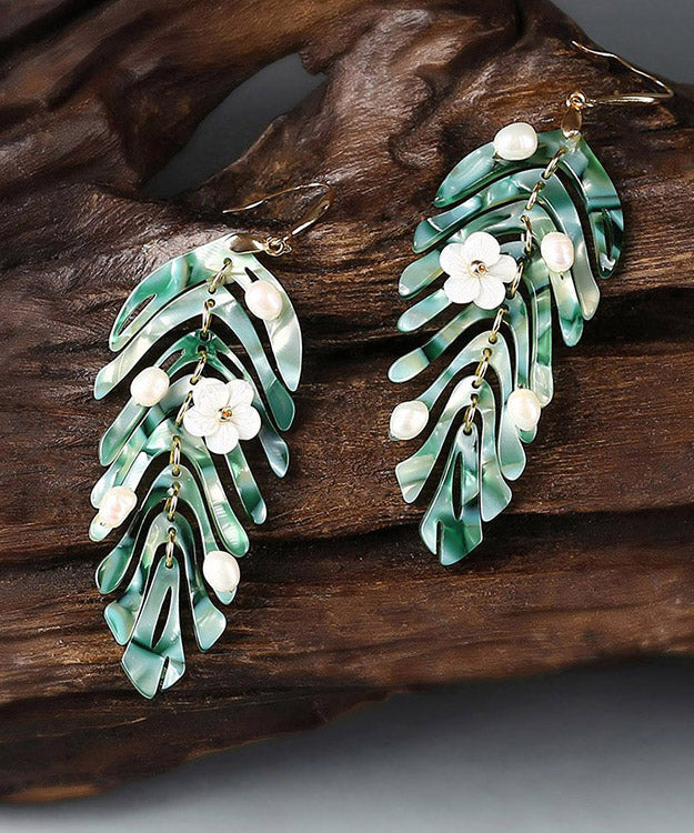 Elegant Green Copper Pearl Shell Flower Asymmetricar Leaf Drop Earrings