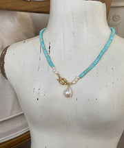 Elegant Green Copper Turquoise Pearl Pendant Necklace