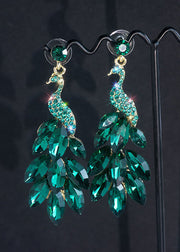 Elegant Green Crystal Peacock Flaunting Its Tail Drop Earrings