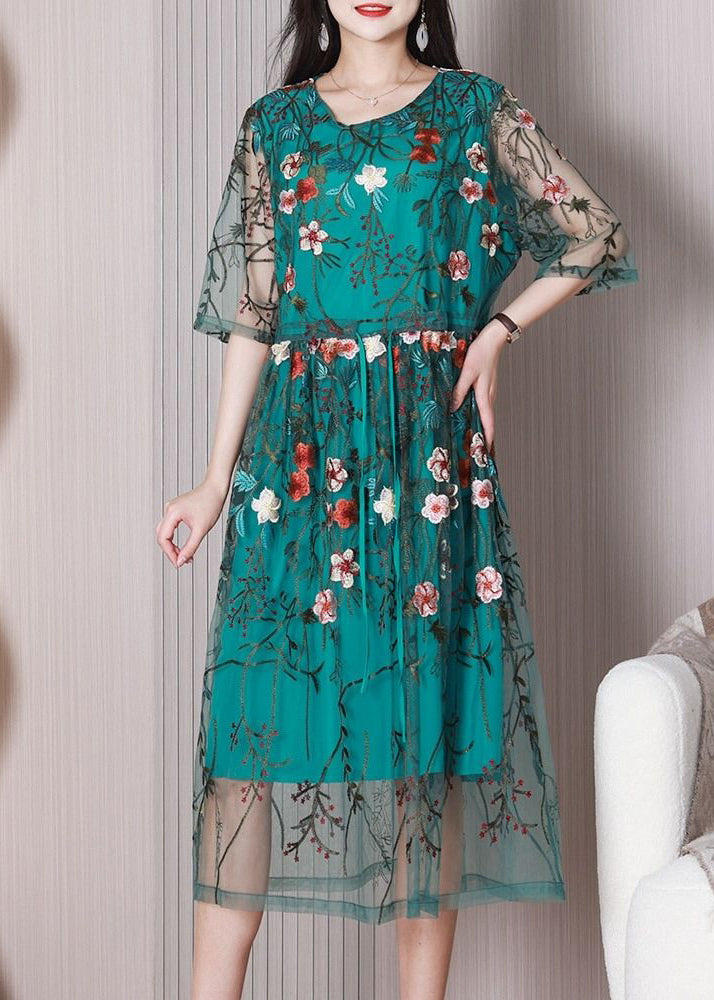 Elegant Green Embroidered Floral Tulle Holiday Dress Summer