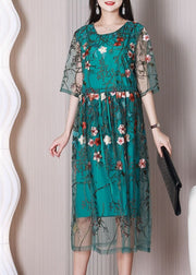 Elegant Green Embroidered Floral Tulle Holiday Dress Summer