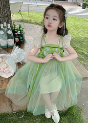 Elegant Green Embroidered Patchwork Bow Tulle Kids Long Dress Short Sleeve