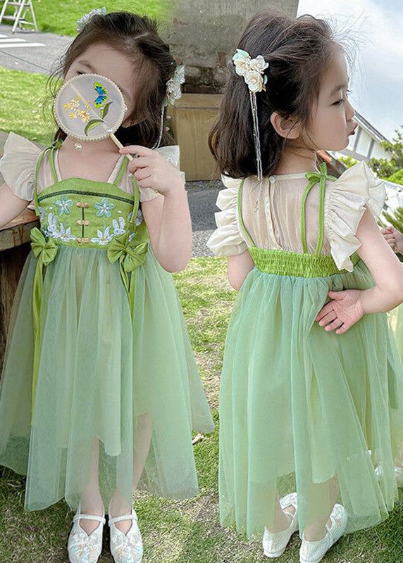 Elegant Green Embroidered Patchwork Bow Tulle Kids Long Dress Short Sleeve