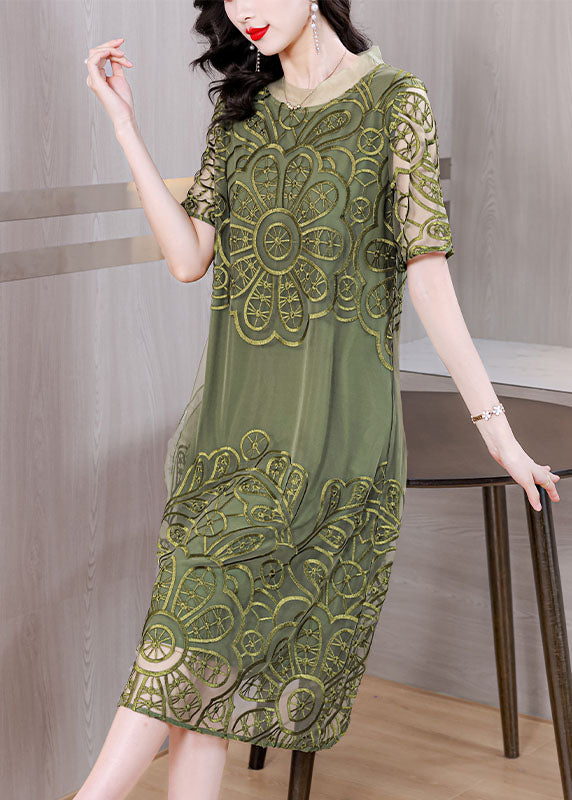 Elegant Green Embroidered Ruffled Tulle Long Dresses Short Sleeve
