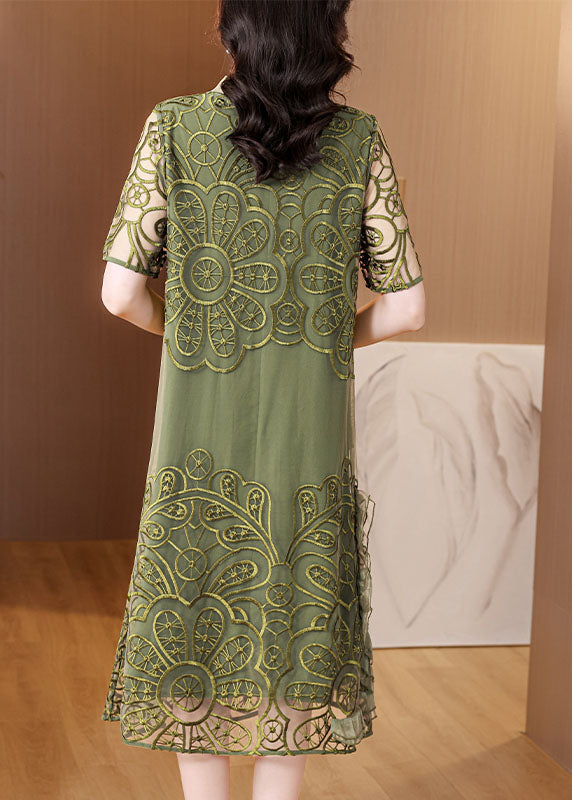 Elegant Green Embroidered Ruffled Tulle Long Dresses Short Sleeve