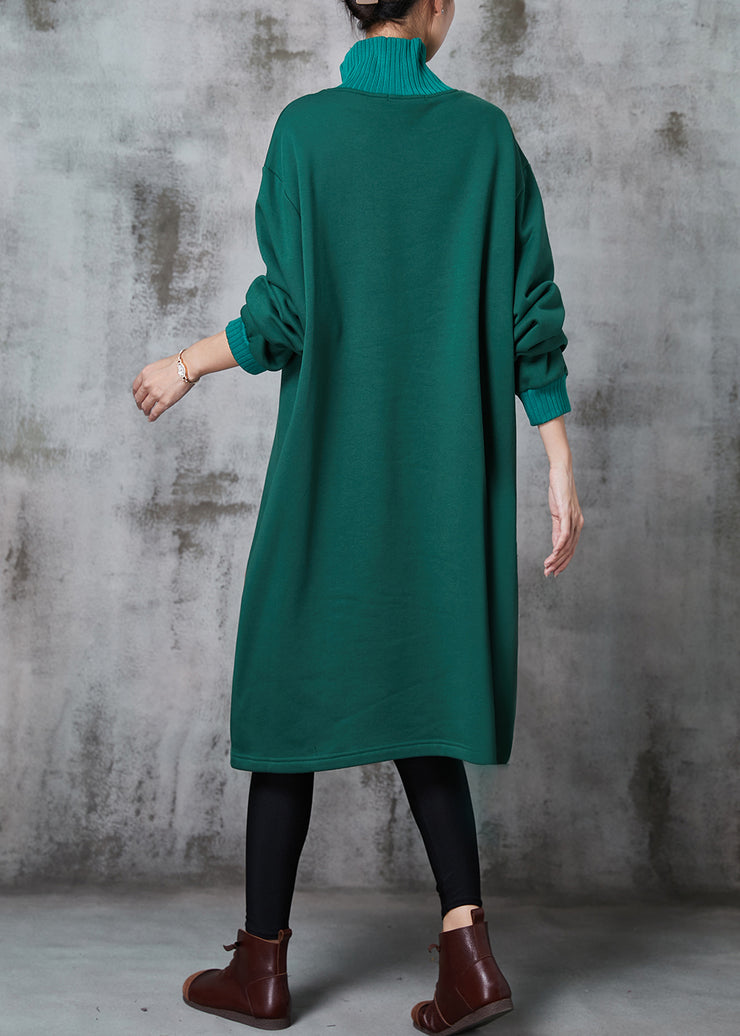 Elegant Green High Neck Print Cotton Sweatshirts Dress Spring