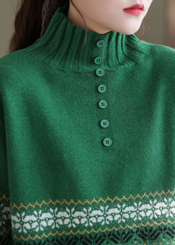 Elegant Green High Neck Print Knit Pullover Spring